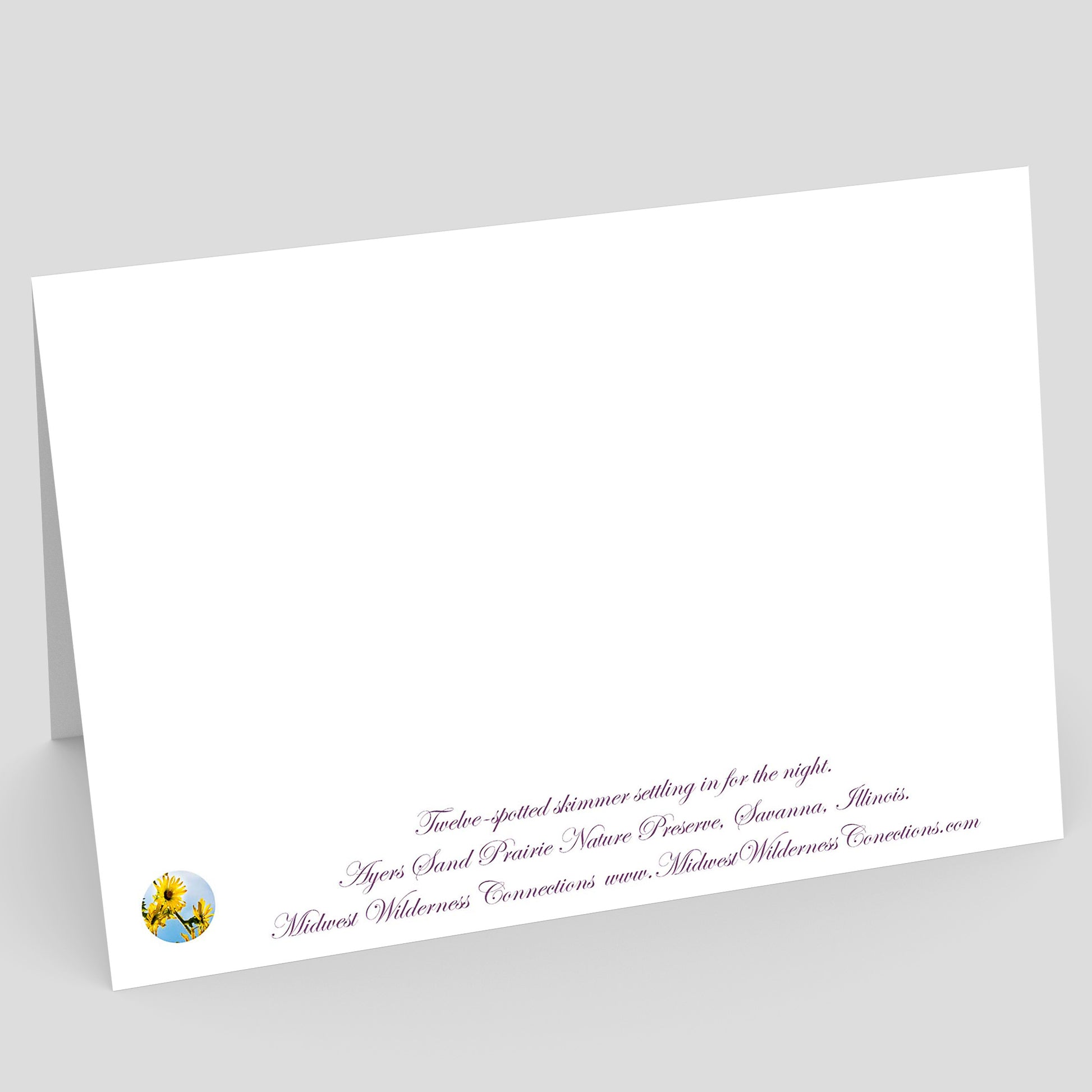 Backside view of a white card with text and a logo on a gray background. The text explains the scene on the front of the card and where the photo was taken.