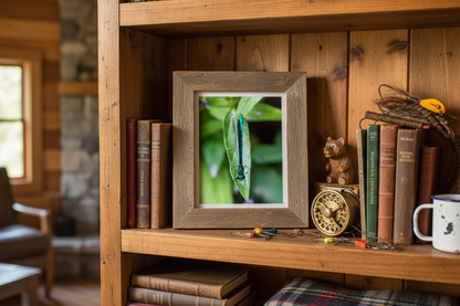 Wooden bookshelf with framed picture of a damselfly, books, and decorative items in a cozy room.