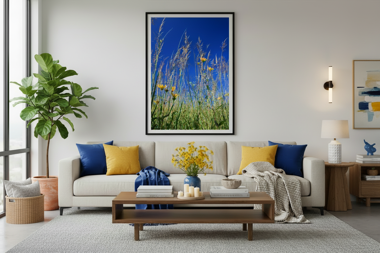 Photo print of a prairie hanging in a Modern living room with a sofa, coffee table, and decorative elements.