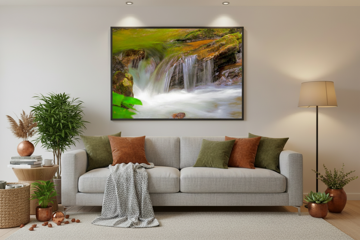 Living room with a gray sofa, decorative pillows, and a large framed picture of a waterfall.
