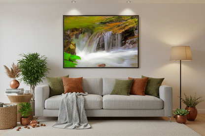 Living room with a gray sofa, decorative pillows, and a large framed picture of a waterfall.