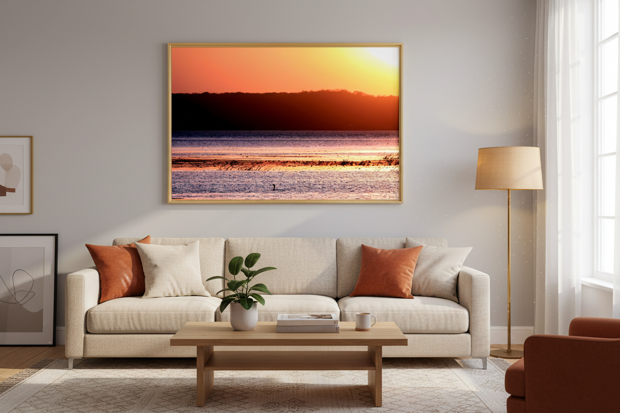 Living room with a beige sofa, wooden coffee table, and a large sunset painting on the wall.