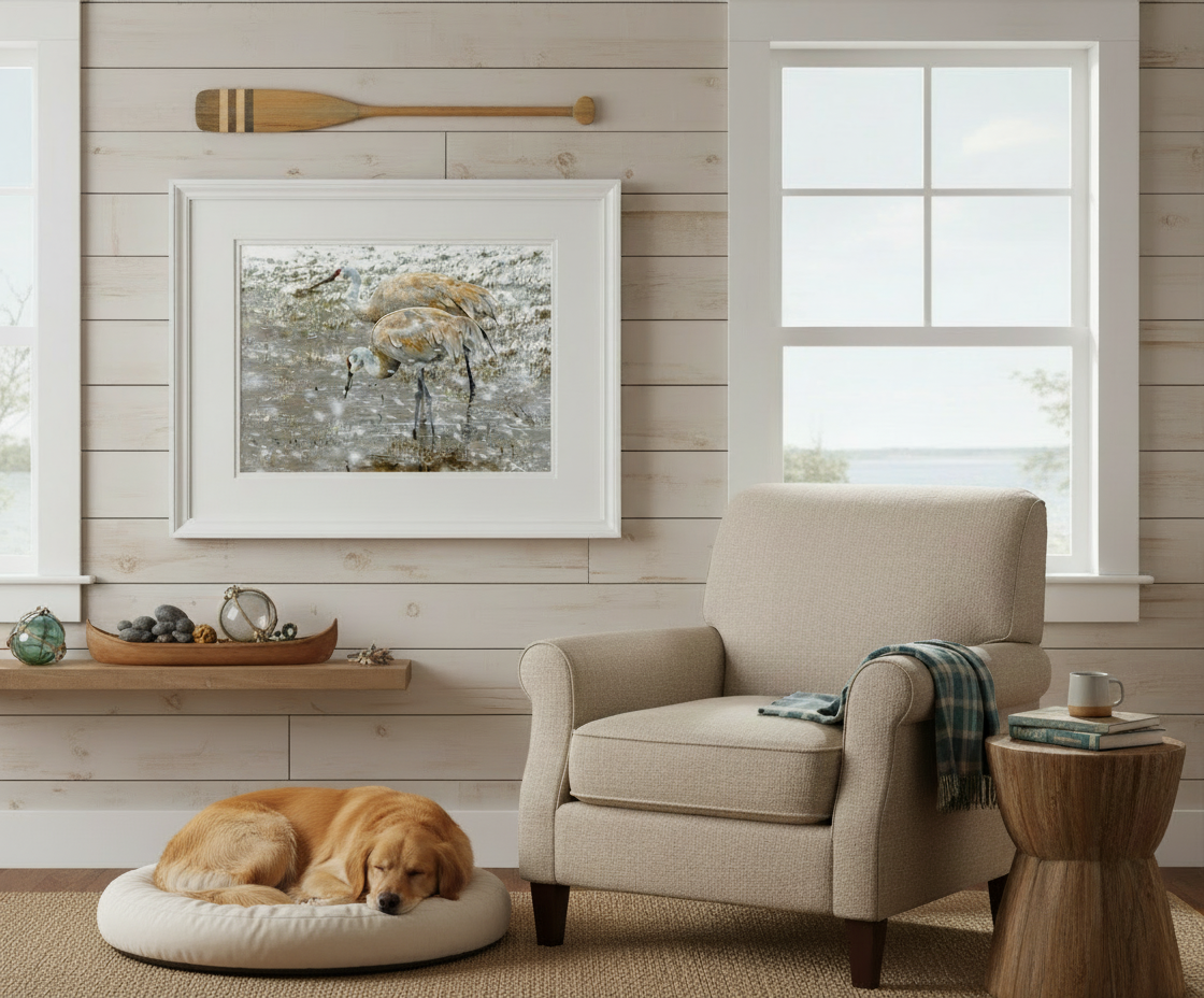 Cozy living room with a beige armchair, dog on a pillow, and framed picture of sand hill cranes on the wall.