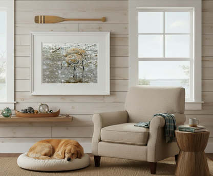 Cozy living room with a beige armchair, dog on a pillow, and framed picture of sand hill cranes on the wall.