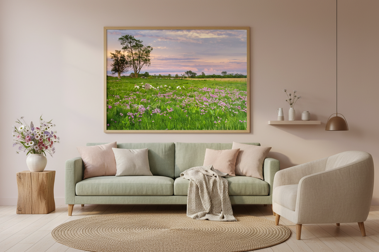 Living room with a green sofa, armchair, and framed landscape painting of sunset over a pink blooming prairie on the wall.