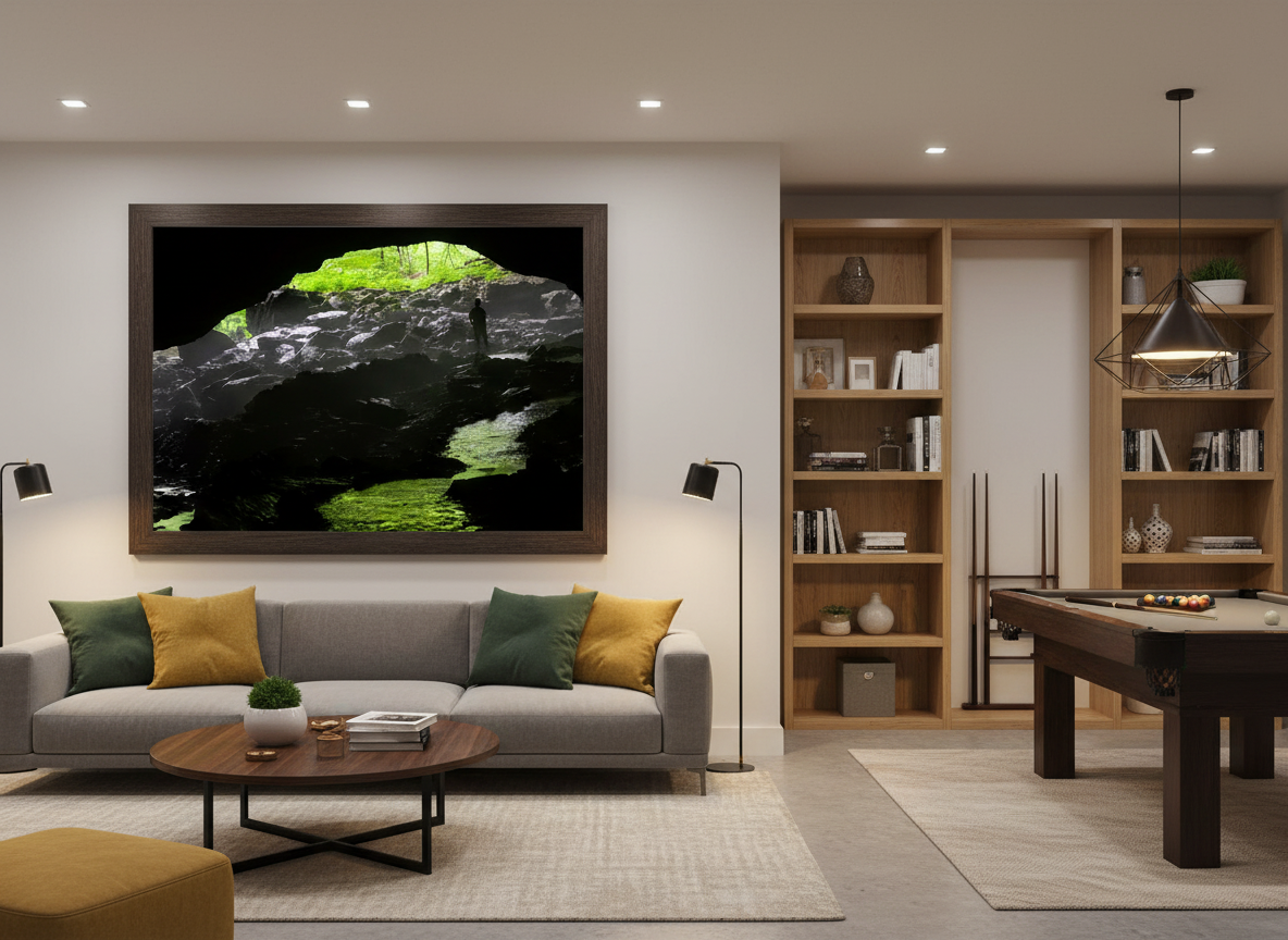 Modern living room with a gray sofa, coffee table, and wall art featuring a person standing in a cave