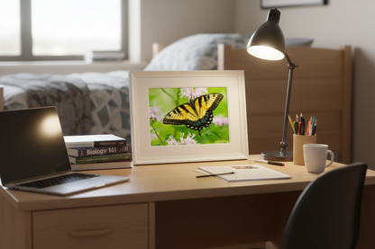 Home office desk with laptop, framed picture of a butterfly, and lamp.