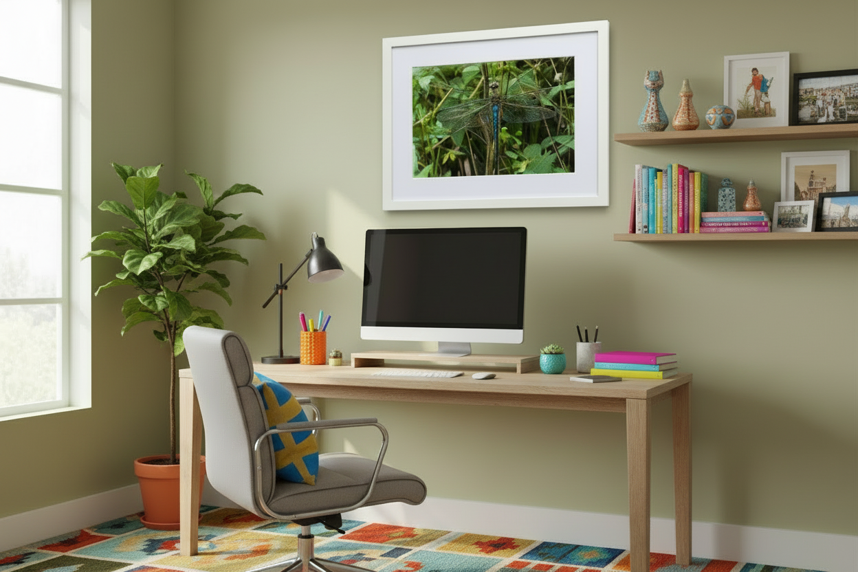 Framed photo of a drgaonfly hung in a Home office above a desk, computer monitor, chair, and decorative items.