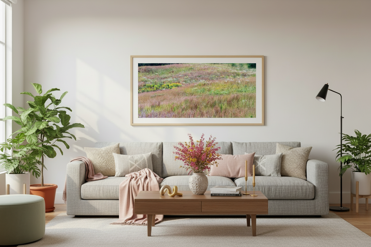 Living room with a gray sofa, wooden coffee table, and framed landscape print on the wall.