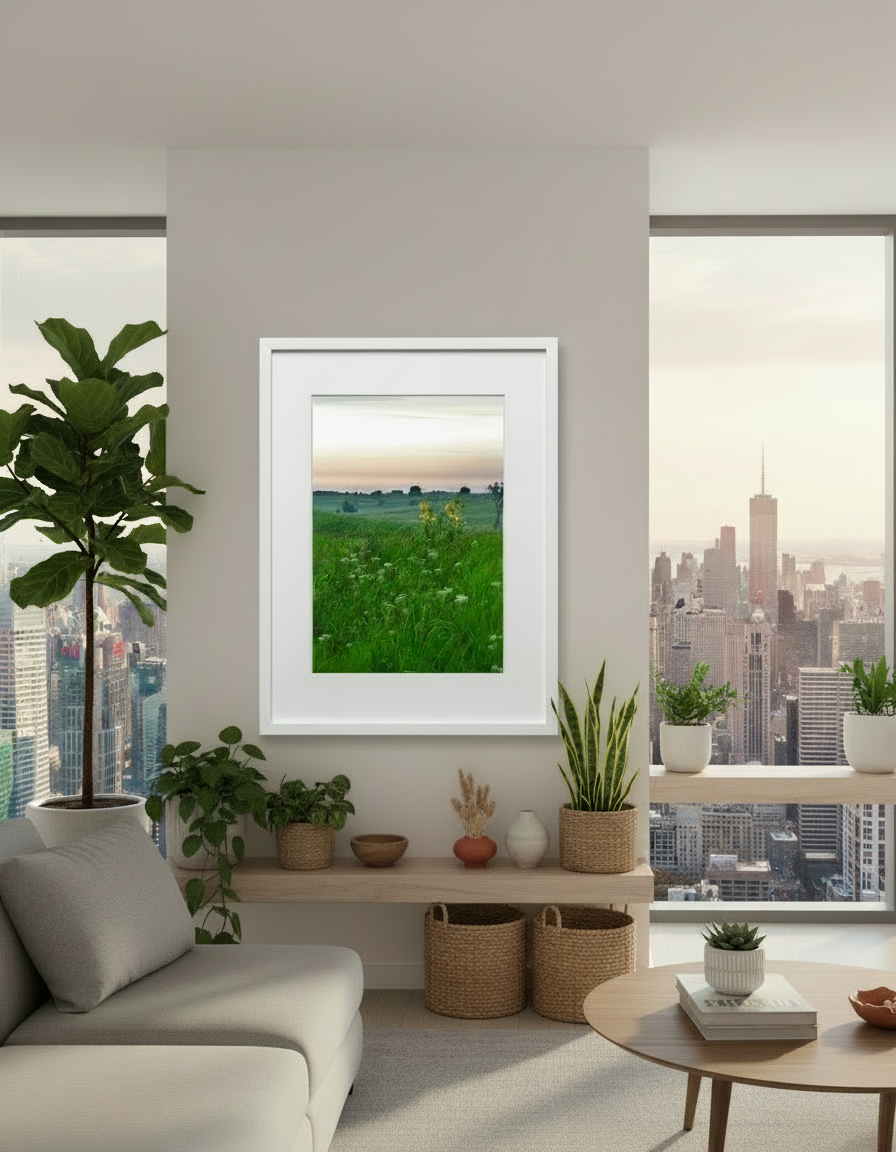 Modern living room with plants and a framed picture of an Iowa prairie.