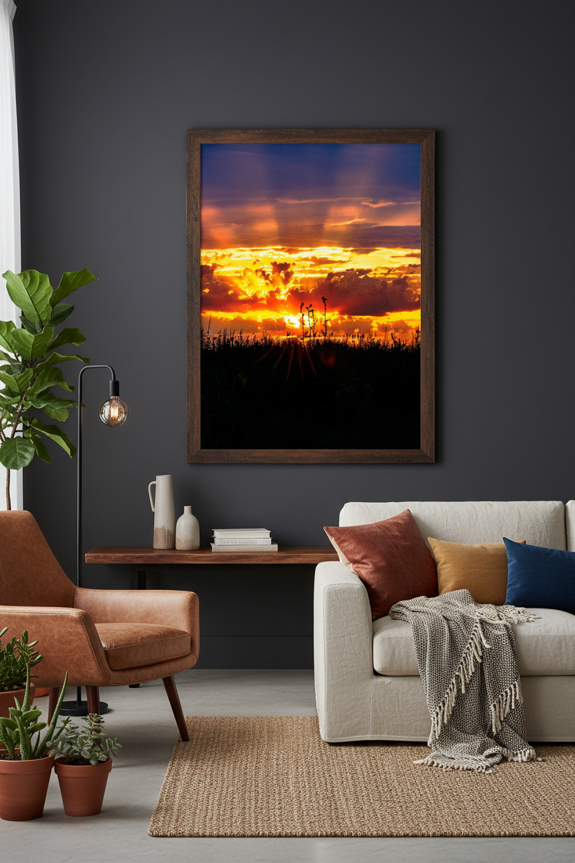 Living room with a framed sunset landscape on the wall, a sofa with colorful pillows, and a plant.