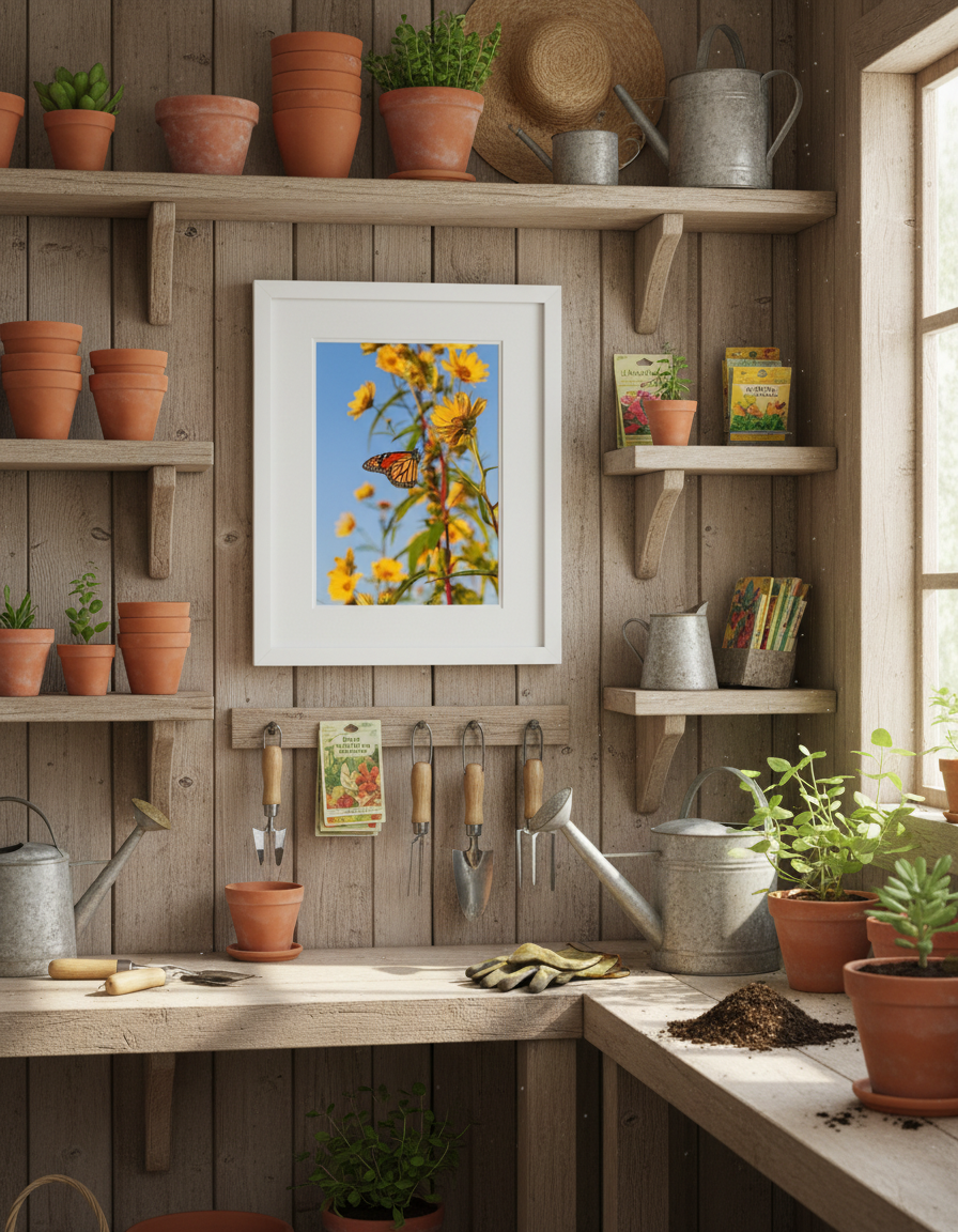 Gardening station with shelves, tools, and a framed picture of sunflowers and a monarch butterfly.