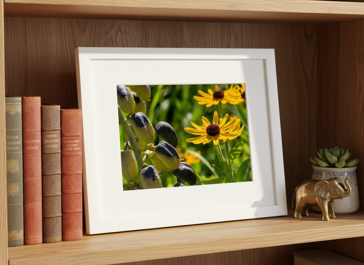 Framed photograph of yellow flowers on a wooden shelf with books and a small plant.