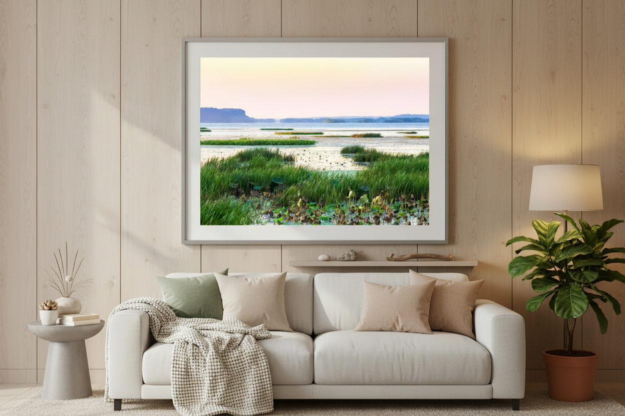 Framed artwork of a Mississippi River landscape above a sofa in a living room.