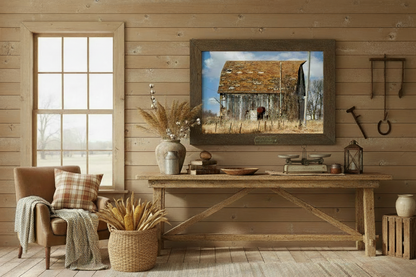 Nostalgic interior with a wooden wall, table, and chair, featuring a photonprint of an old Iowa barn.
