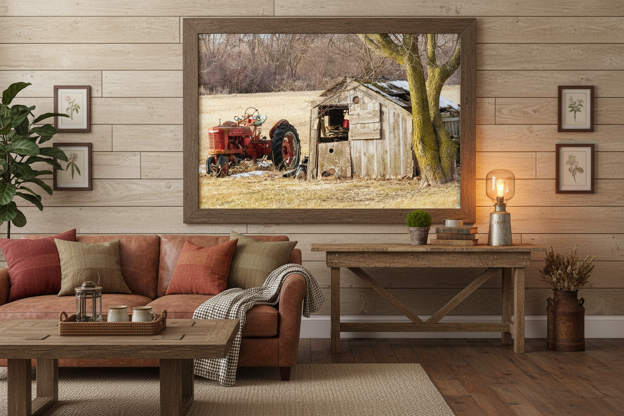 Living room with a large framed picture of a barn scene on the wall.