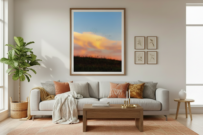 Living room with a gray sofa, wooden coffee table, and framed artwork of a bird flock flying in the sunset on the wall.
