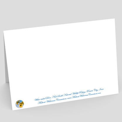 view of the back side of a White card with blue text and a logo on a gray background. the text along the bottom edge describes the photo on the front of the card and where the photo was taken