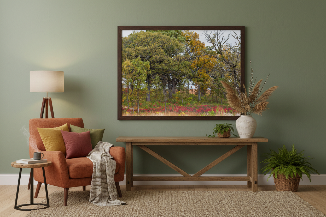 Living room with a large framed picture of a fall oak savanna scene, orange armchair, wooden table, and decorative elements.