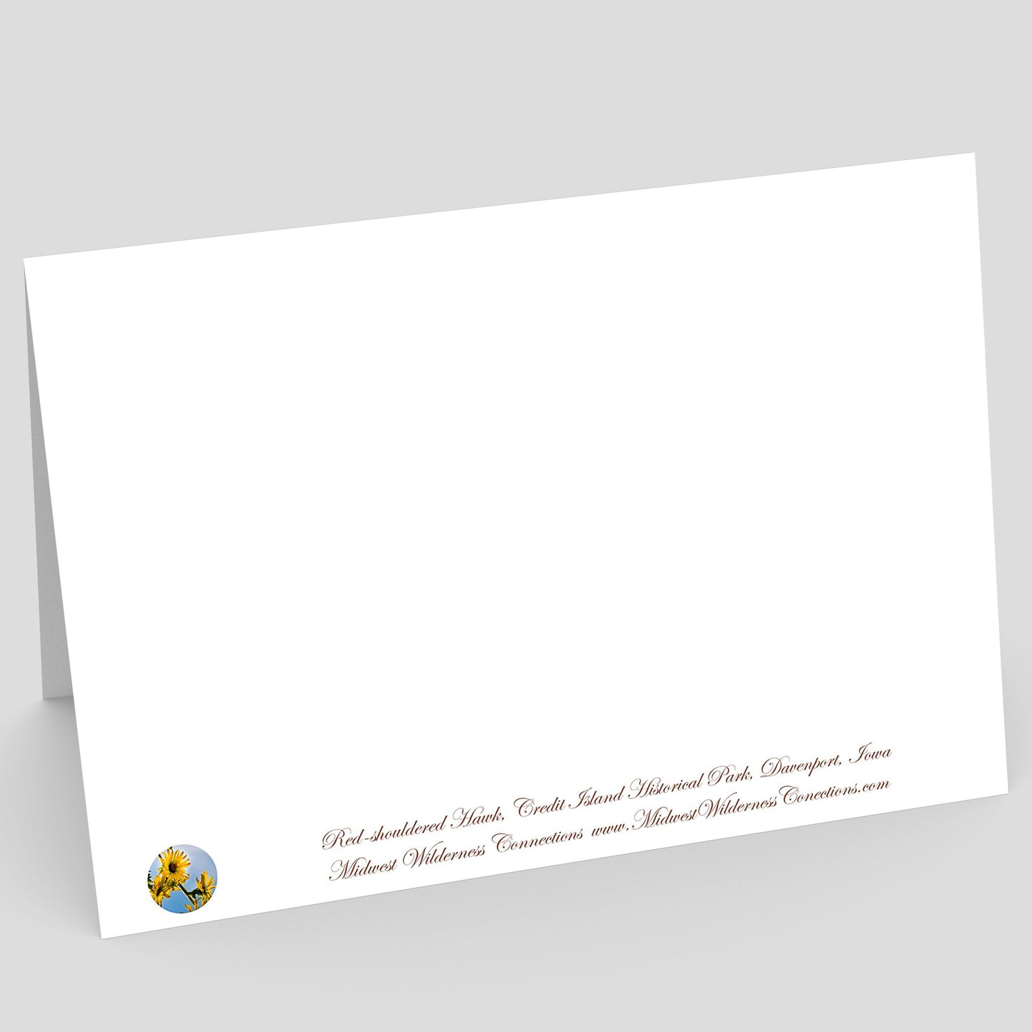 Backside view of a White card with text and a logo on a gray background. The text along the bottom edge describes the photo on the front and where the photo was taken