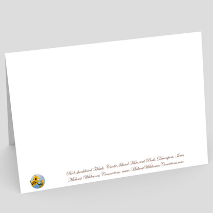 Backside view of a White card with text and a logo on a gray background. The text along the bottom edge describes the photo on the front and where the photo was taken