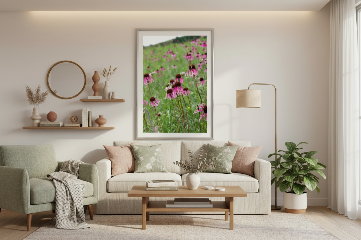 Living room with a sofa, coffee table, and decorative items including a framed picture of a prairie with flowers.