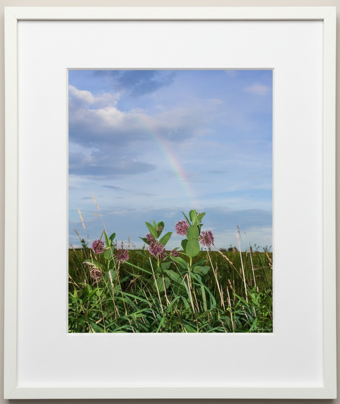 Framed photograph of a rainbow over a field with milkweed flowers and tall grass.