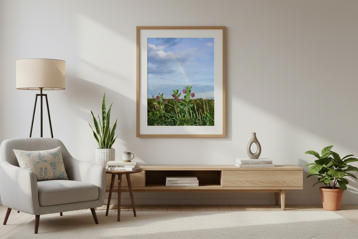 Framed photo of a Passing storm with a rainbow over a prairie and blooming milkweed flowers hung in a living room 
