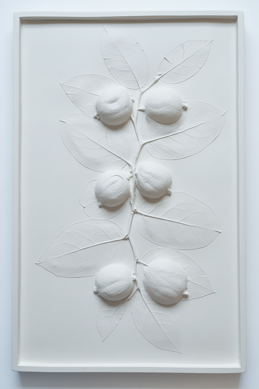 Lemons and salal lemonleaf branches plaster bas relief wall art in natural white plaster with a matte finish