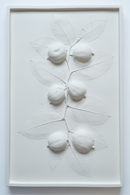 Lemons and salal lemonleaf branches plaster bas relief wall art in natural white plaster with a matte finish