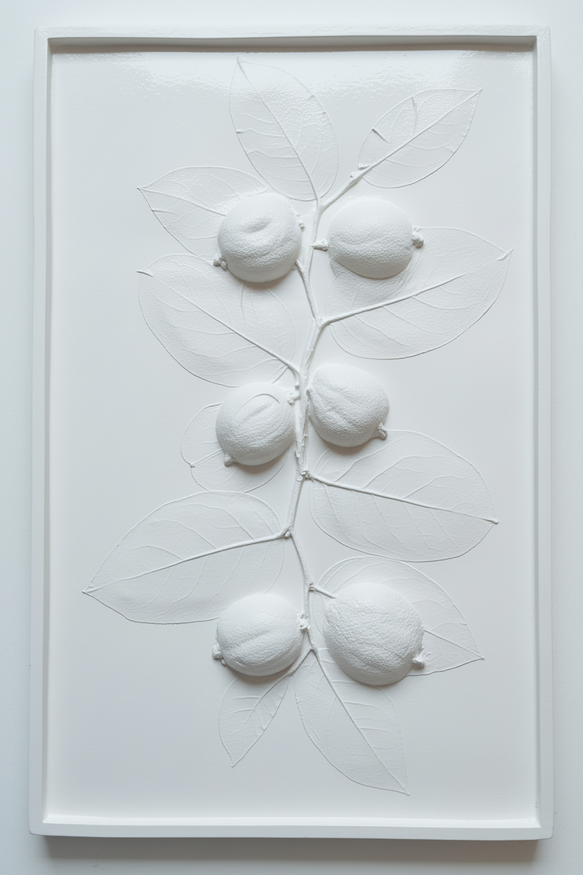 Lemons and salal lemonleaf plaster bas relief wall art in natural white plaster with gloss finish