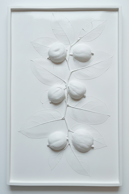 Lemons and salal lemonleaf plaster bas relief wall art in natural white plaster with gloss finish