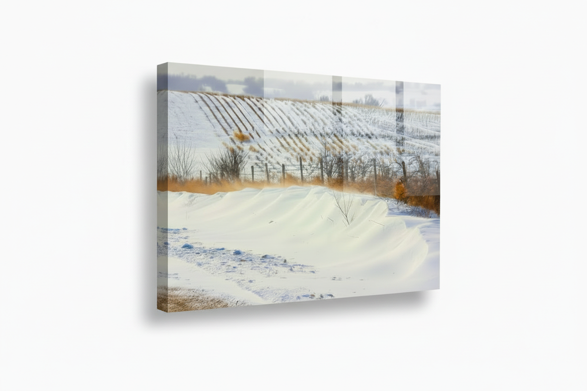 Mingo Iowa winter landscape shown as an acrylic print on white at the standard three-quarter angle
