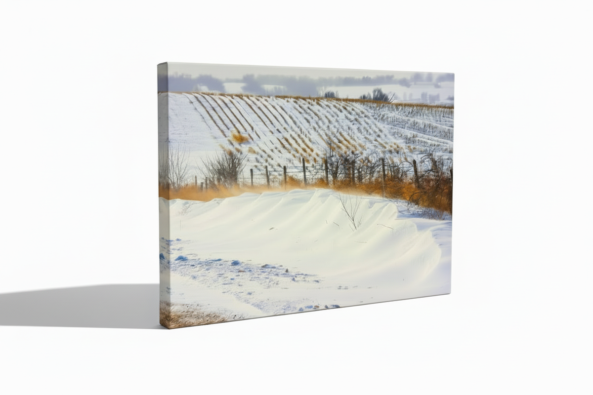 Mingo Iowa winter landscape shown as a gallery-wrapped canvas on a white background