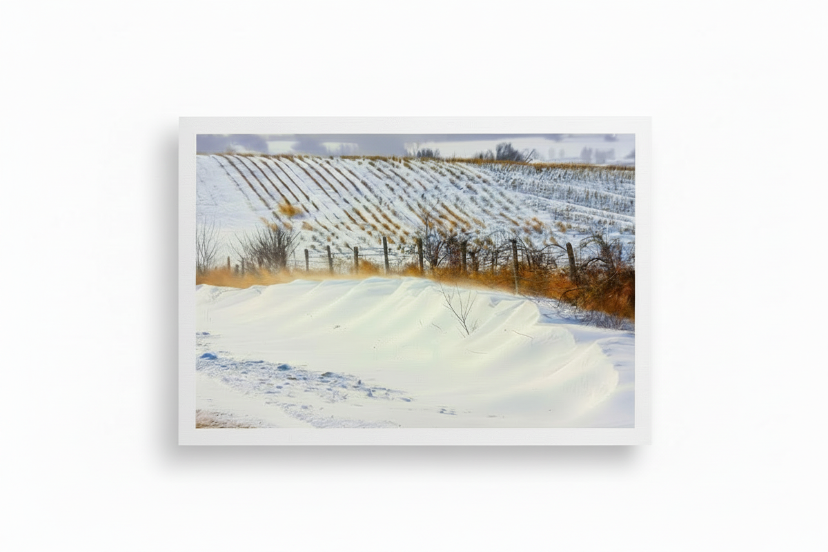 Mingo Iowa winter landscape shown as an archival paper print on a white background