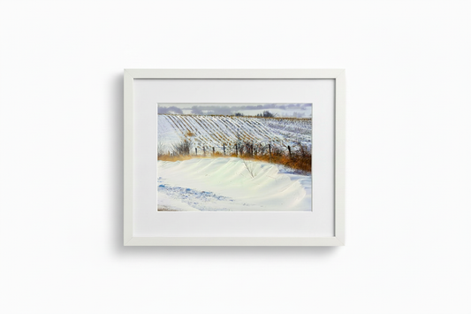 Mingo Iowa winter landscape displayed in a tightly cropped white gallery frame on a white background
