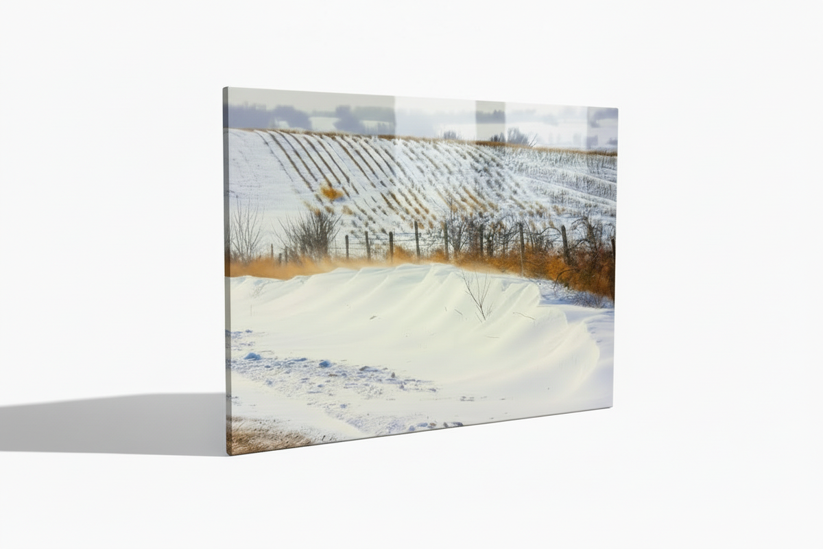 Mingo Iowa winter landscape shown as a metal print on white at the standard three-quarter angle