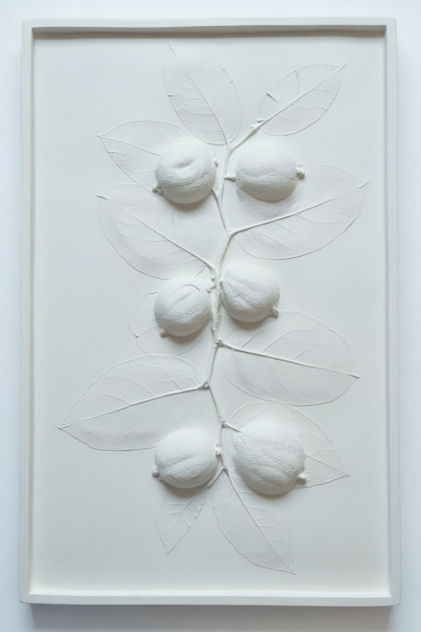 Lemons and salal lemonleaf plaster bas relief wall art in natural white plaster with satin finish