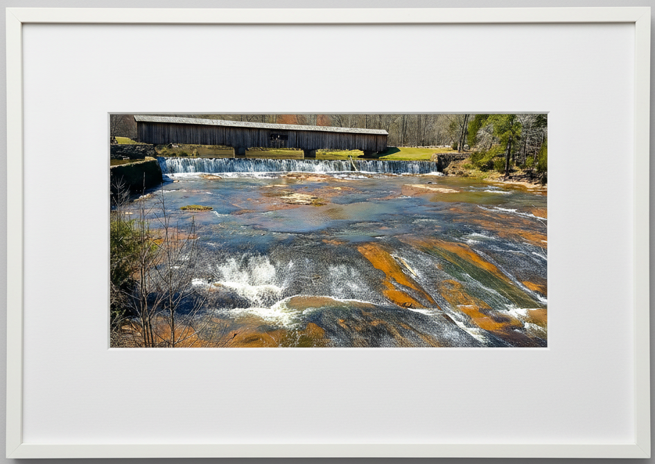Framed photograph of a covered bridge over Watson Shoals on the South Fork Broad River in Georgia 