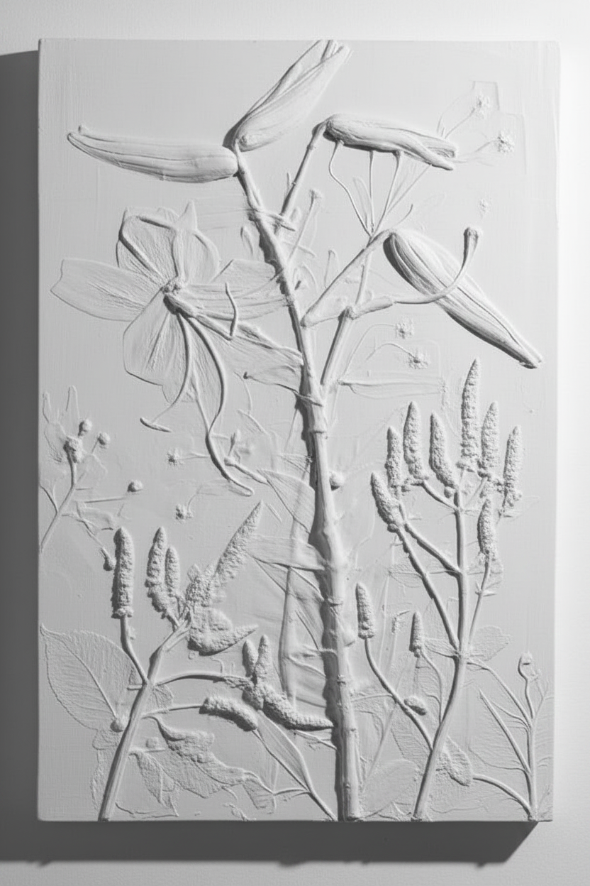White plaster bas relief of tiger lily, yellow loosestrife, and apple mint in satin finish