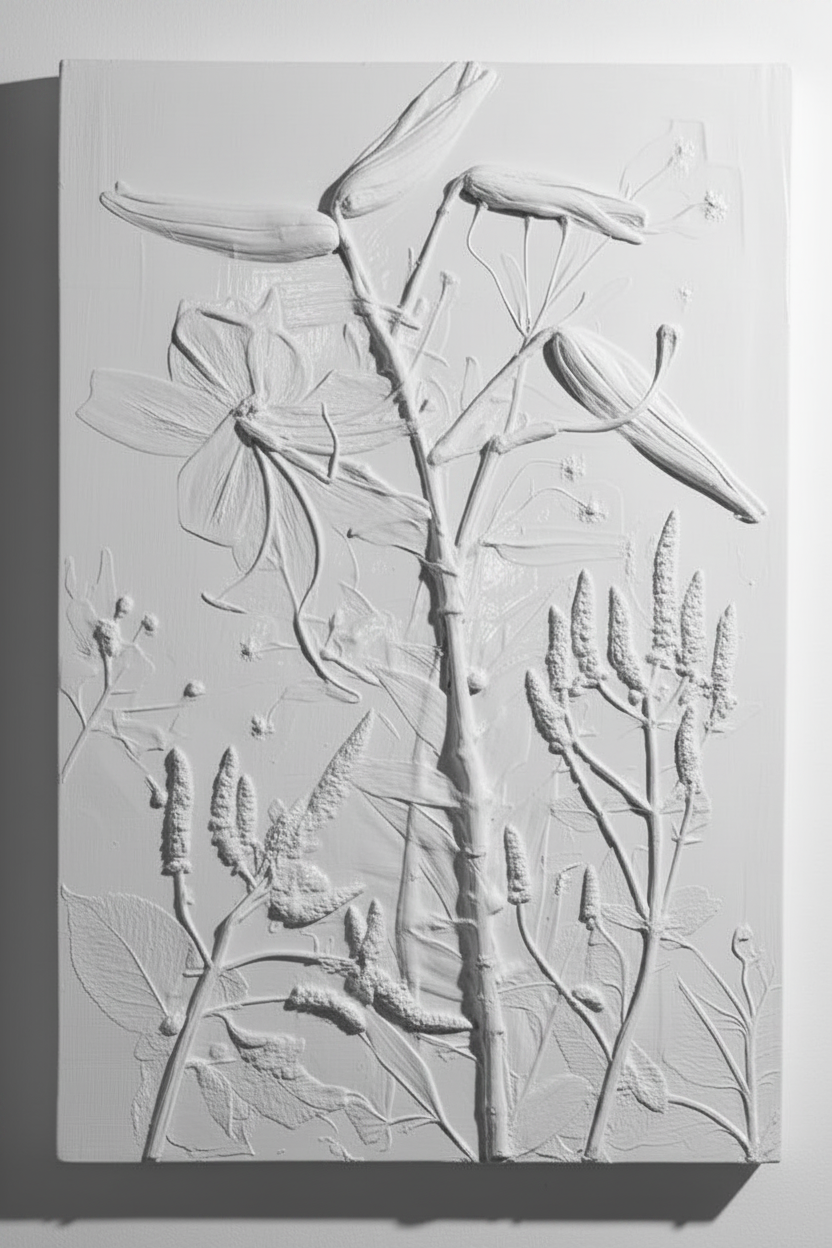 White plaster bas relief of tiger lily, yellow loosestrife, and apple mint in gloss finish