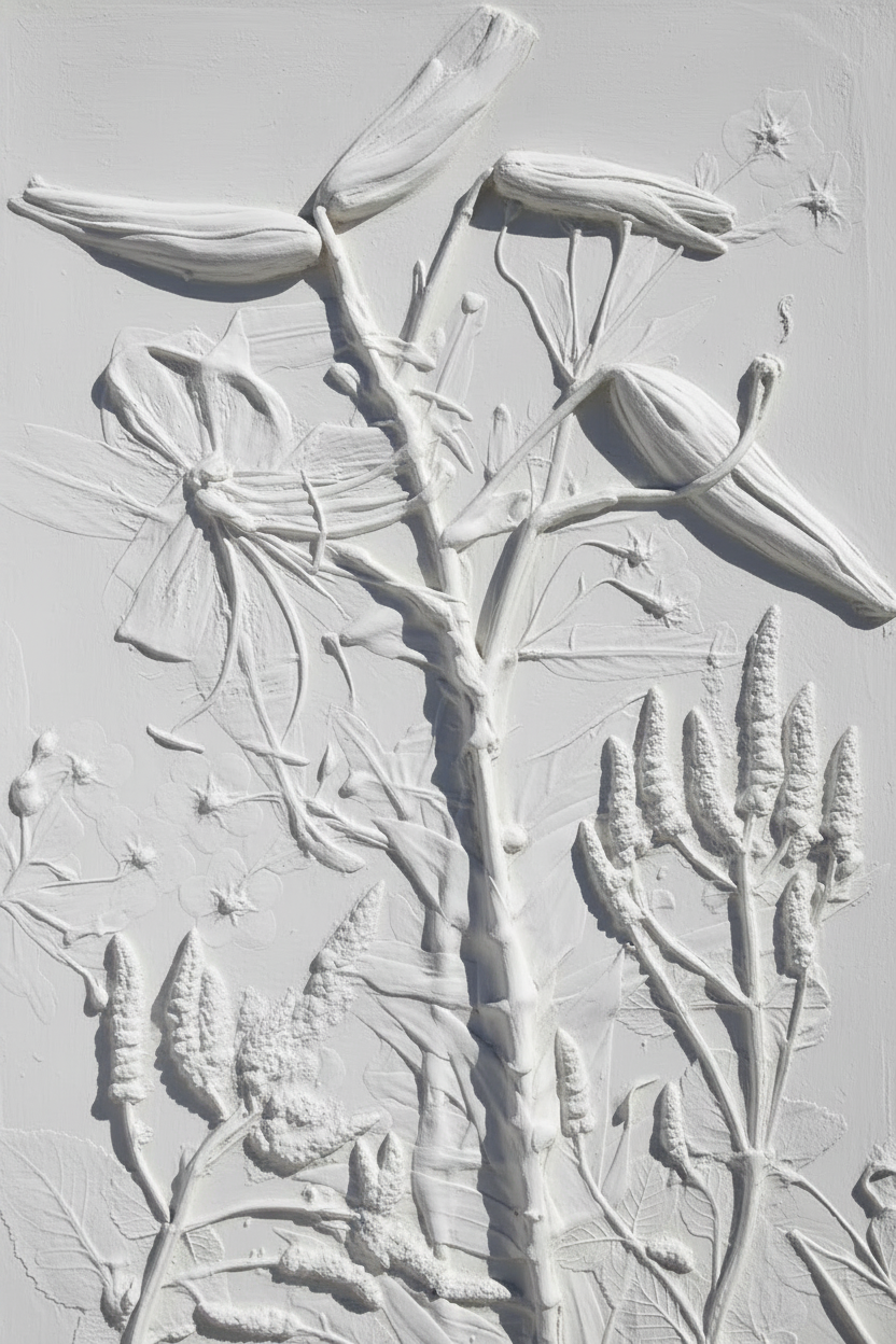 White plaster bas relief of tiger lily, yellow loosestrife, and apple mint in matte finish