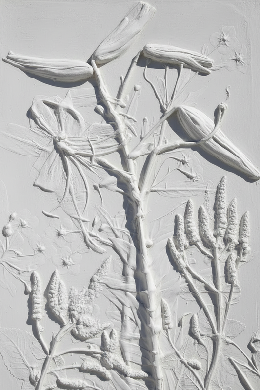 White plaster bas relief of tiger lily, yellow loosestrife, and apple mint in matte finish