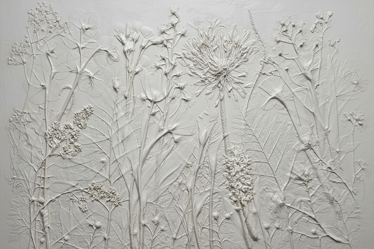 White plaster bas relief of garden flowers in satin finish