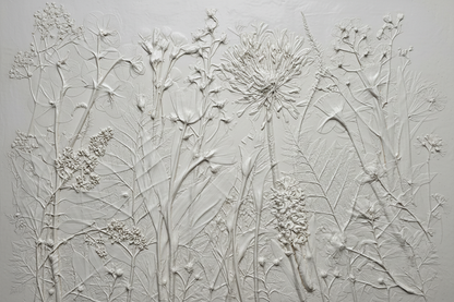 White plaster bas relief of garden flowers in satin finish