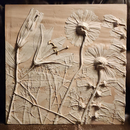 Plaster Botanical Bas Relief Artwork - Gerber Daisy Dark