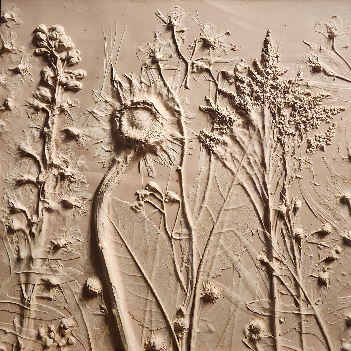 Plaster Botanical Bas Relief Artwork - Sunflower Light