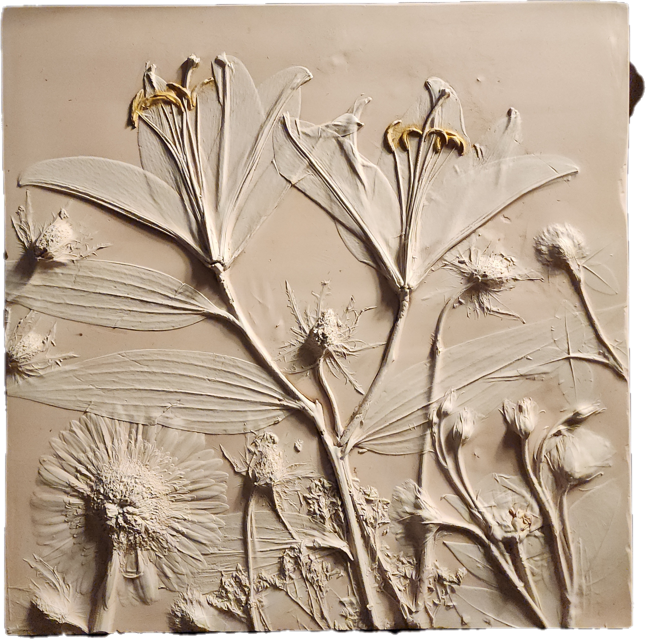 Plaster Botanical Bas Relief Artwork - Lily Dark