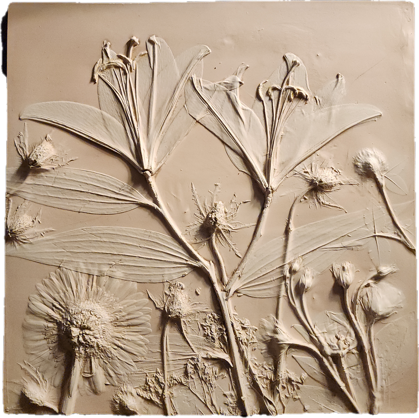 Plaster Botanical Bas Relief Artwork - Lily Light