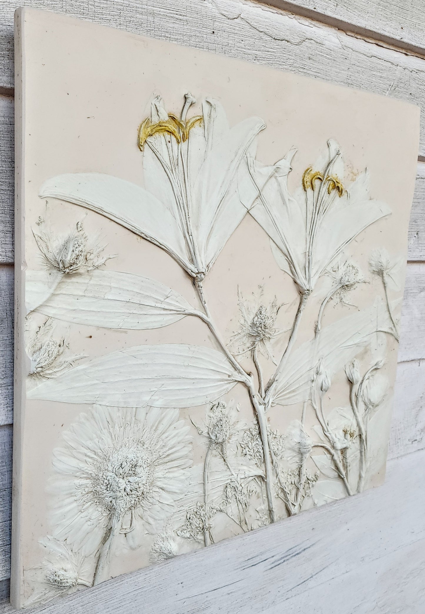 Plaster Botanical Bas Relief Artwork - Lily Dark